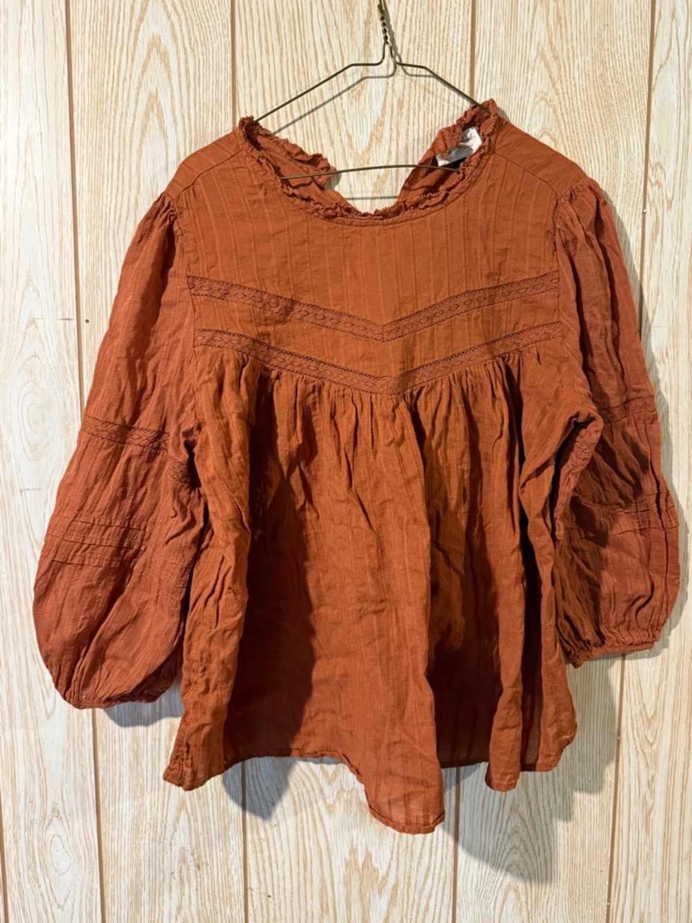 Universal Thread Rust Orange Peasant Blouse with Lace Yoke